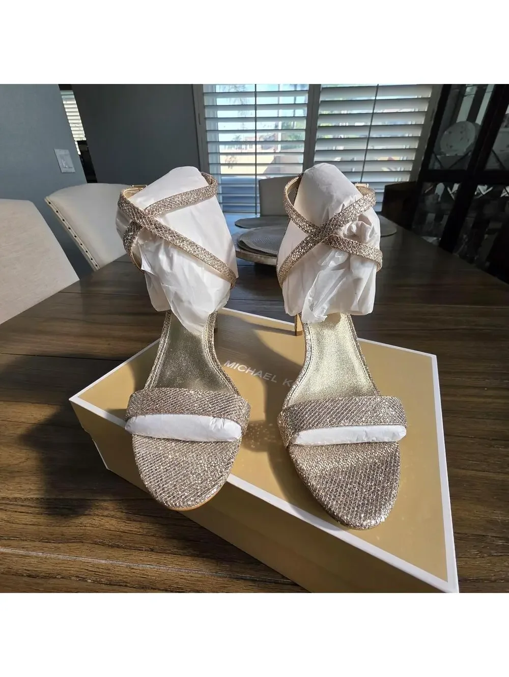 Michael Michael Kors Ava Mid Sandal Glitter Heels Silver/Sand Women’s Sz 8 NIB